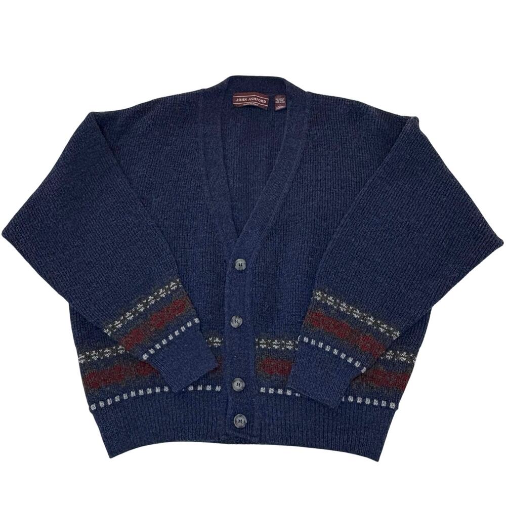 Vintage 90s John Ashford Italian Knit Fair Isle Cardigan Sweater Men's L Blue